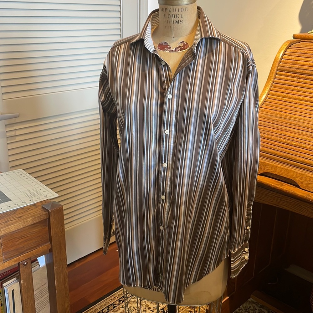 Tailorbyrd brown and tan striped button down shirt.